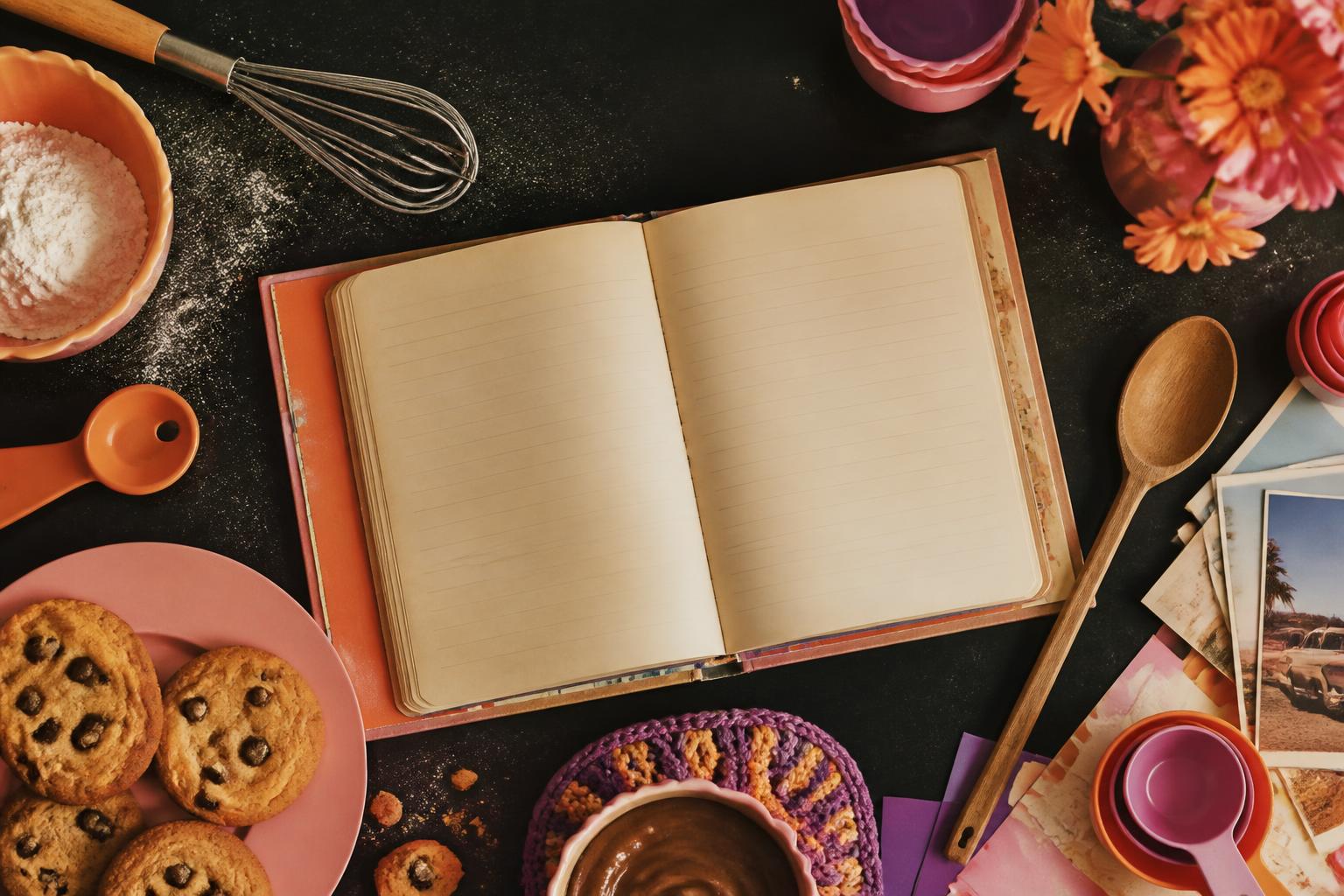 Open recipe notebook surrounded by baking tools and cookies